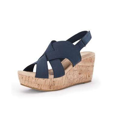 Imagem de Coutgo Sandálias femininas plataforma plataforma trançada tira no tornozelo salto cortiça casual verão sapatos sociais, Azul marinho, 41