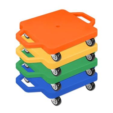 Imagem de 4 pranchas de scooter com alças para crianças sentadas, conjunto de scooters de ginástica com cordas para atividades de academia na escola e brincadeiras internas ao ar livre