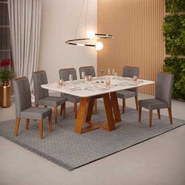 Imagem de Conjunto Sala de Jantar 6 Cadeiras Tampo Sem Vidro 170x90 Dj Móveis Kiara Freijó Quartzo Yasmin Veludo Lunar
