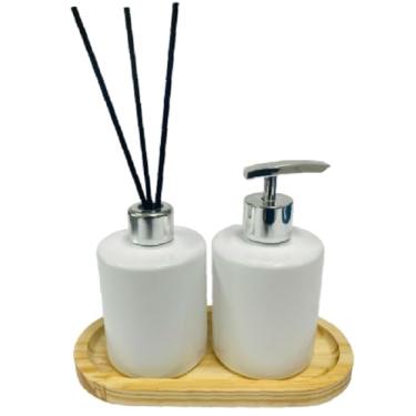 Imagem de Kit Lavabo Branco (Porta Sabonete Líquido e Difusor de Ambiente) - 400ml - c/válvula prata