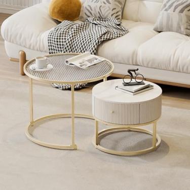 Imagem de Conjunto de 2 mesas de centro redondas com gavetas, conjunto de mesa lateral para sala de estar, quarto, varanda