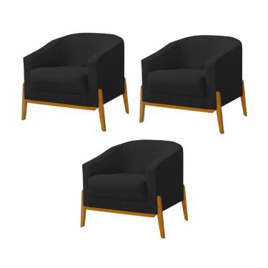 Imagem de Kit 3 Poltronas Living Base em Madeira Maciça Flórida Veludo Preto