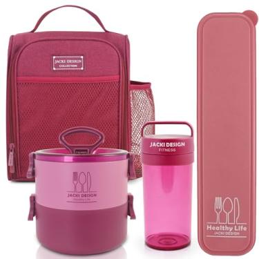 Imagem de Bolsa Térmica Grande Espaçosa Manta de Alumínio Lancheira Para Marmita, Passeio, Escola, Faculdade, Trabalho Bolsa Para Marmita, Kit 4 ítens Térmica+Marmita+Garrafa+Porta Talher PREMIUM (Rosa)