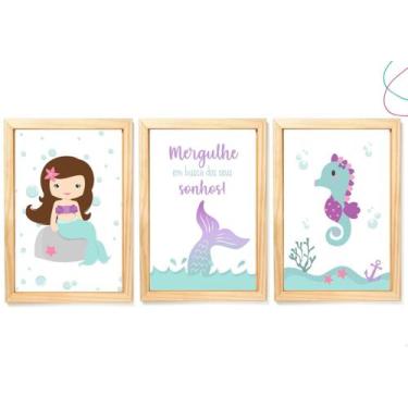 Imagem de Kit 3 Quadro Decorativo Infantil Sereia Fundo do Mar - Creative Cat, P