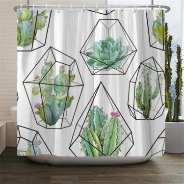 Imagem de Cortina de chuveiro estampada com cactos de plantas verdes, estilo Simplicity, cortinas de chuveiro para banheiro, cortinas de banho laváveis com ganchos, 2369L, L210xA180cm