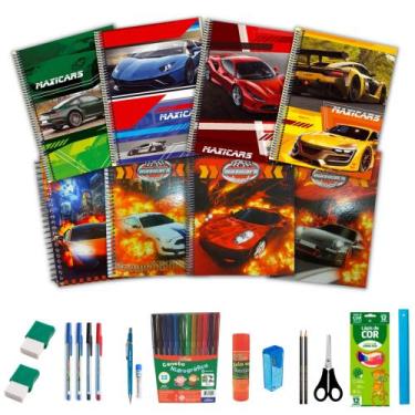 Imagem de Kit 10 Cadernos Menino Carros Espiral Capa Dura+ Acessórios - máxima c