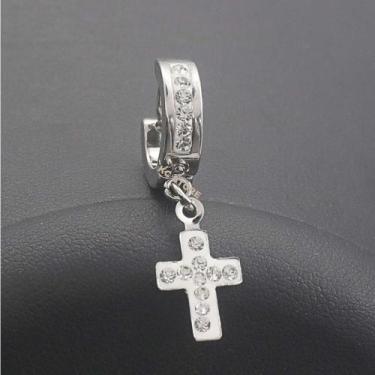Imagem de par brinco de raio e cruz argola Cravejada prata em aço inox zirconia 