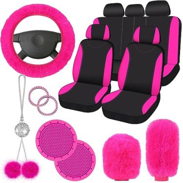 Imagem de 17 peças de capa de assento de carro conjunto completo para mulheres ajuste universal capas de assento traseiro dianteiras de carro capas de volante macias capa de freio de mão de lã capa de mudança de câmbio suporte de acessório pendurado emblema anel (rosa vermelho preto)