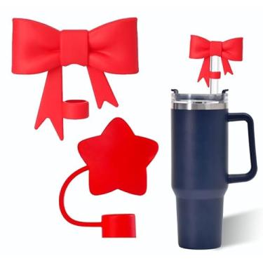Imagem de Capa de canudo de laço vermelho e estrela para copo Stanley de 40 e 850 g, tampa de cobertura de palha de silicone de 10 mm para acessórios de copo Stanley, bonito topo de palha para copos, tampa de