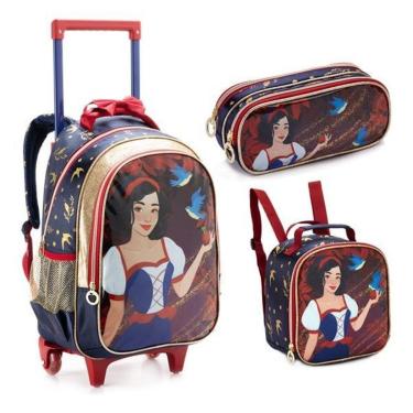 Imagem de Kit Mochila Rodinha Lancheira Estojo Feminina Menina Escolar Infantil Princesa Branca De Neve Denlex-Feminino