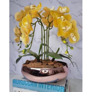 Imagem de Arranjo Com 4 Orquídeas Amarela Vaso Rose 28cm - FLORESCER DECOR