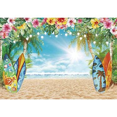 Imagem de Negeek Pano de fundo de praia havaiano para verão, tecido de poliéster, 1,8 m x 1,5 m, céu oceano, flores tropicais, folhas de palmeira, prancha de surf para decoração de festa Luau Aloha, cabine de fotos