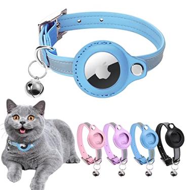 Imagem de WAPSAT Coleira para gatos Airtag, coleira para gatos com sinos, coleira refletiva para gatos GPS, coleira antiperda de gato coleira de couro ajustável para gatos ou cães pequenos, gatinhos e filhotes (PP, azul)