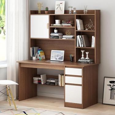 Imagem de Mesa de escritório moderna em casa com prateleira de armazenamento, mesa de estudo, mesa de trabalho com gaiola e estante, mesa de computador de madeira com gavetas e prateleiras, marrom 1,120 x 45 x