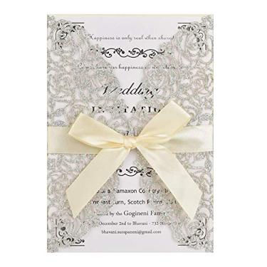 Imagem de Kits de convites de casamento cortados a laser prateados com convites de casamento com papel impresso em branco, fitas e envelopes para casamentos, festas de aniversário, chá de bebê (25 peças)