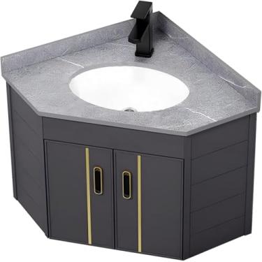 Imagem de Armário de banheiro montado na parede com conjunto de pia pia de canto flutuante, armário de armazenamento de banheiro moderno com torneira quente e fria, para espaços pequenos preto/branco/cinza,