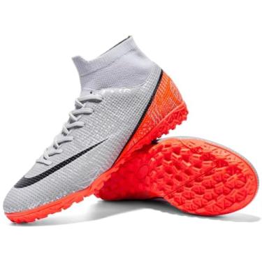 Imagem de Chuteiras de futebol baratas meninos/homens/mulheres cano alto FG/TF treinamento profissional chuteira spikes sapatos turf tênis, Cinza - TF, 7 Wide Women/7 Wide Men