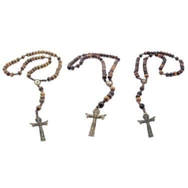 Imagem de Terço de Madeira com Contas 8mm Crucifixo Santo Sudário Medalha Entremeio Ouro Envelhecido (São bento São Miguel N. Sra Aparecida)