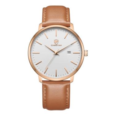 Imagem de CHEETAH Relógios masculinos minimalistas de quartzo à prova d'água com pulseira de couro, data automática, marrom/ouro rosa/branco, Minimalista, simples, casual