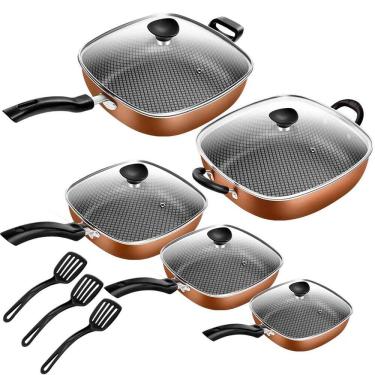 Imagem de Conjunto Frigideiras Antiaderente Quadrada Tampa De Vidro 5 Peças Patolux