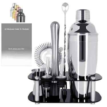 Imagem de KCJLHGT Conjunto De Coqueteleira De 9 Peças, Kit De Barman, Coqueteleira Com Suporte, Misturador De Bebidas Inclui Coqueteleiras, Coador, Dosador, Colher Misturadora De Bar, Socador, Dosador, Conjun