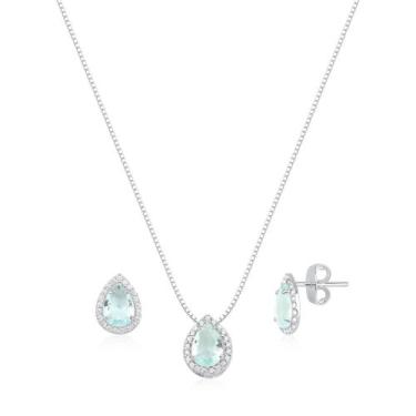 Imagem de Colar Pingente Gota Aqua Marine Zircônia Cravejado Prata 925 - DR Joia