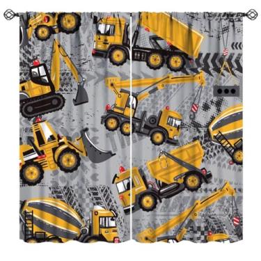 Imagem de JanJCurt Cortinas de caminhão de desenho animado para meninos, construção infantil, trator amarelo, escavadeira, abstrato, grunge, cinza, impressão de pneu, cortinas de janela para berçário de quarto