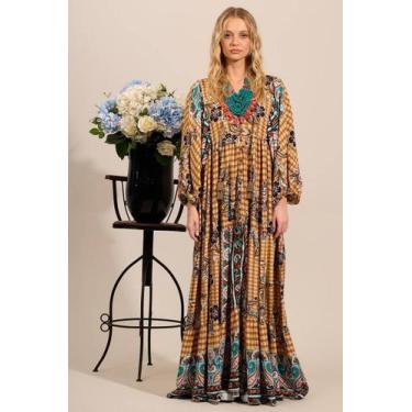 Imagem de Vestido Chemise Longo Amplo Estampado Patchwork Yacamim E8, M, Estampa