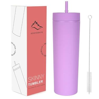 Imagem de Ezhydrate Copo lilás fosco de 473 ml com canudo (1 pacote), copo skinny com tampa e canudo, copo preto acrílico de praia copo de plástico de parede dupla, presentes de despedida de solteira, escova