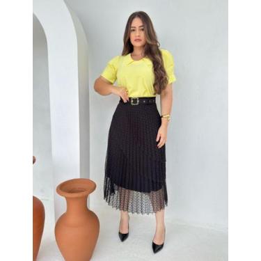 Imagem de Saia Rodada Midi Soltinha com Babado Camadas em Tule - Fashion, Preto,