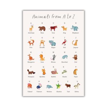 Imagem de Arte de parede do alfabeto animal Montessori para crianças - Pôster educacional ABC de 28 x 35 cm - Decoração de quarto infantil - Impressão de aprendizagem sem moldura - Gráfico colorido para sala de