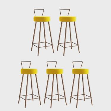 Imagem de Kit 05 Banqueta Alta Com Encosto Tais Eiffel Cozinha Bar Bistrô Ferro Bronze Suede Amarelo - Ahz Móveis