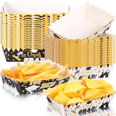 Imagem de Blushtier 60 peças 2025 bandejas pretas de papel de graduação parabéns grad pratos descartáveis suporte de comida nacho cachorro-quente pipoca lanches barcos de servir para decoração de festa de