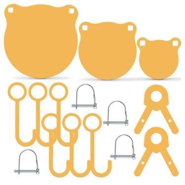 Imagem de KNUOPYT Kit De Alvos Tiro Aço Ar500 3/8" Para Gongos - Corte A Laser Incluindo 3 Peças 4"/6"/8", 6 Ganchos Pendurar, 4 Pinos Trava, 2 Suportes Pernas Amarelos (Kit Circular Amarelo)