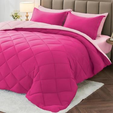 Imagem de Conjunto de edredom MUXHOMO Queen Size, 7 peças, reversível, rosa choq