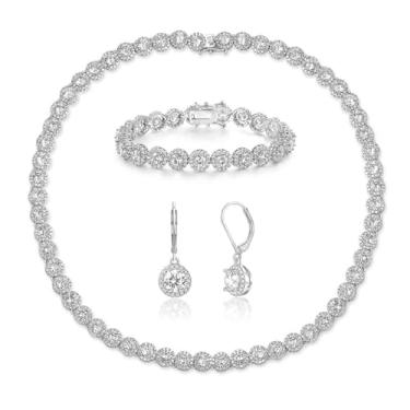 Imagem de Gemsme Conjunto de colar de tênis de zircônia cúbica banhado a ouro branco 18 K / pulseira / brincos para mulheres e homens Halo Jewelry Pack, Banhado a ouro branco, Zircônia cúbica