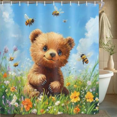 Imagem de Hajmsug Cortina de chuveiro floral de urso fofo infantil colorido desenho animado primavera verão flor abelha urso marrom boho funky aquarela flores silvestres moda engraçado cabana animal cortinas de
