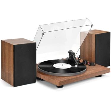 Imagem de Toca-discos com alto-falantes de 40 W e entrada de saída Bluetooth para discos de vinil, toca-discos de vinil com pré-amplificador embutido, cartucho AT-3600L, gravação USB, inclinação e contrapeso