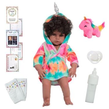 Imagem de Bebe Reborn Menina Negra Corpo de Silicone Roupão Unicórnio - Cegonha 