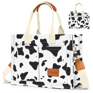 Imagem de Bolsa de lona feminina com bolsos, bolsa transversal, bolsas de ombro, bolsas de trabalho casuais, bolsa de mão, Vaca, Medium, Sacolas de lona