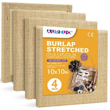 Imagem de AUREUO Stretched Burlap Canvas, 10x10 Inch/4 Pack - 100% Natural Jute, Transparent Gesso Primed Blank Stretched Canvases for Oil & Acrylic Painting, Arts & Craft Projects, Wedding & Home Decoration