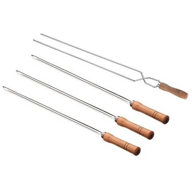 Imagem de Conjunto De Espetos Simples E Duplo Utimil Em Aço Inox, Aço Cromado E Madeira 4 Peças Inox E Natural