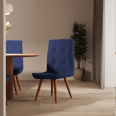 Imagem de Cadeira De Jantar Drop Com Botão Base Pé Palito Imbuia Suede Azul Marinho - Amey Decor