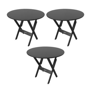 Imagem de Kit 3 Mesas Dobráveis De Madeira Redonda 90cm Preta - Cor: Preto