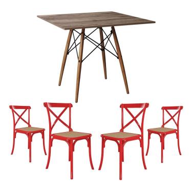 Imagem de Jogo De Mesa Eiffel Quadrado Tampo De Madeira 90Cm Amêndoa Com 4 Cadeiras Katrina Vermelhao B