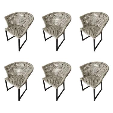 Imagem de Kit 6 Cadeiras Salinas Corda Náutica Base Em Alumínio Preto-areia - Cor: Bege