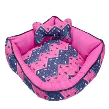 Imagem de Cama para Pet Cachorro de Canto Extra Grande 60x60 com Almofada Lavável 50% Algodão Estampada Rosa