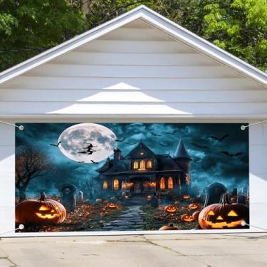Imagem de Capa de porta de garagem de Halloween 2,3 x 1,8 m de fundo de fotografia assustadora floresta assustadora para decoração de festa, chá de bebê, faixa de aniversário, retrato de cabine de fotos