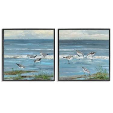 Imagem de Stupell Industries Beach Shore with Sandpipers & Grasses 2 peças de arte giclée emoldurada preta por Sally Swatland, 30,5 x 30,5 cm