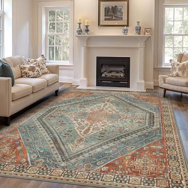 Imagem de Bavni Tapetes de área de 20 x 25 cm, lavável à máquina, borracha antiderrapante, tapete macio vintage, tapete grande para sala de estar, sala de jogos, sala de jantar, laranja/azul